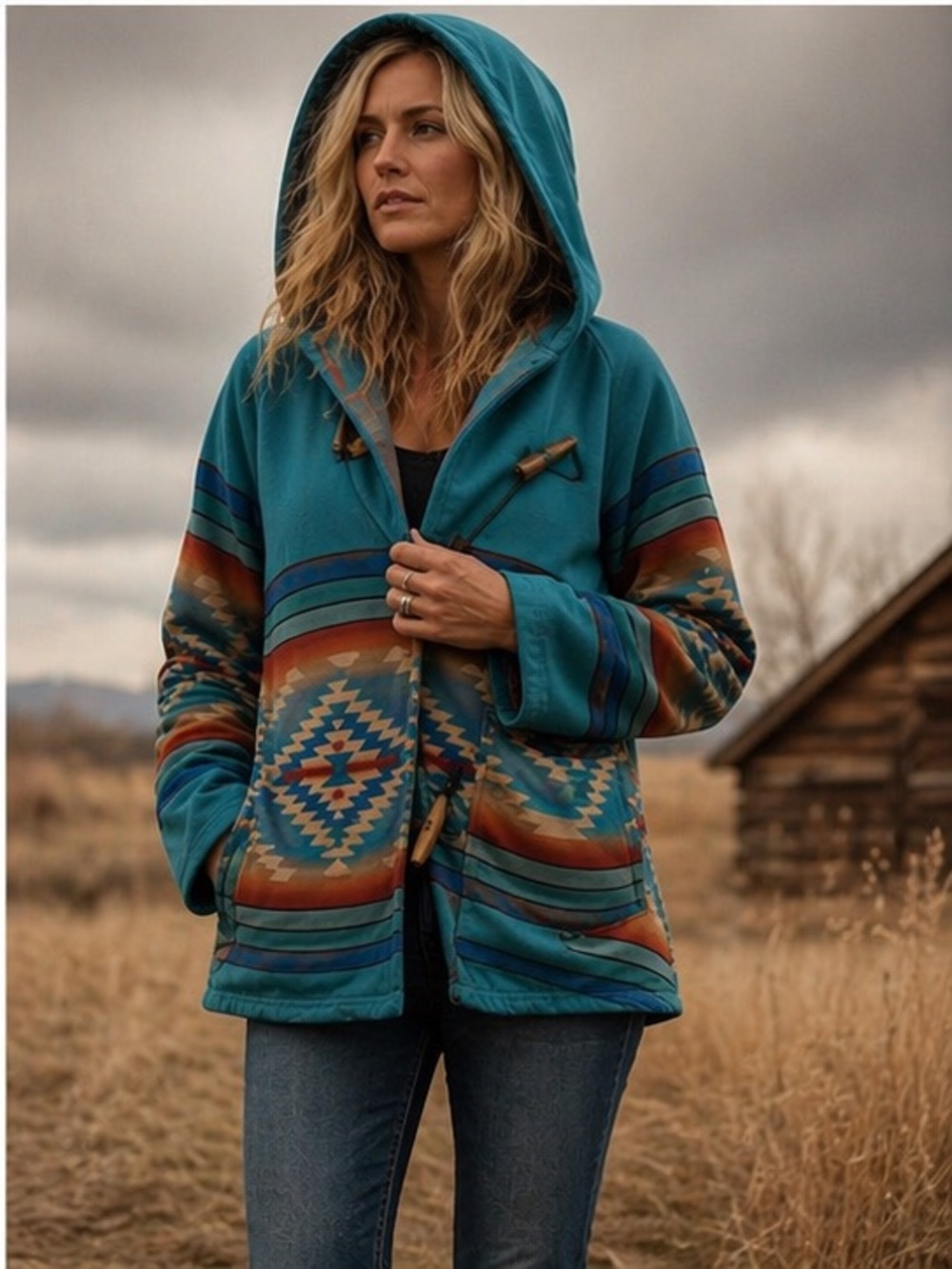 Beth Dutton Yellowstone Style Hooded Jacket | Southwestern Aztec Print | Size S
